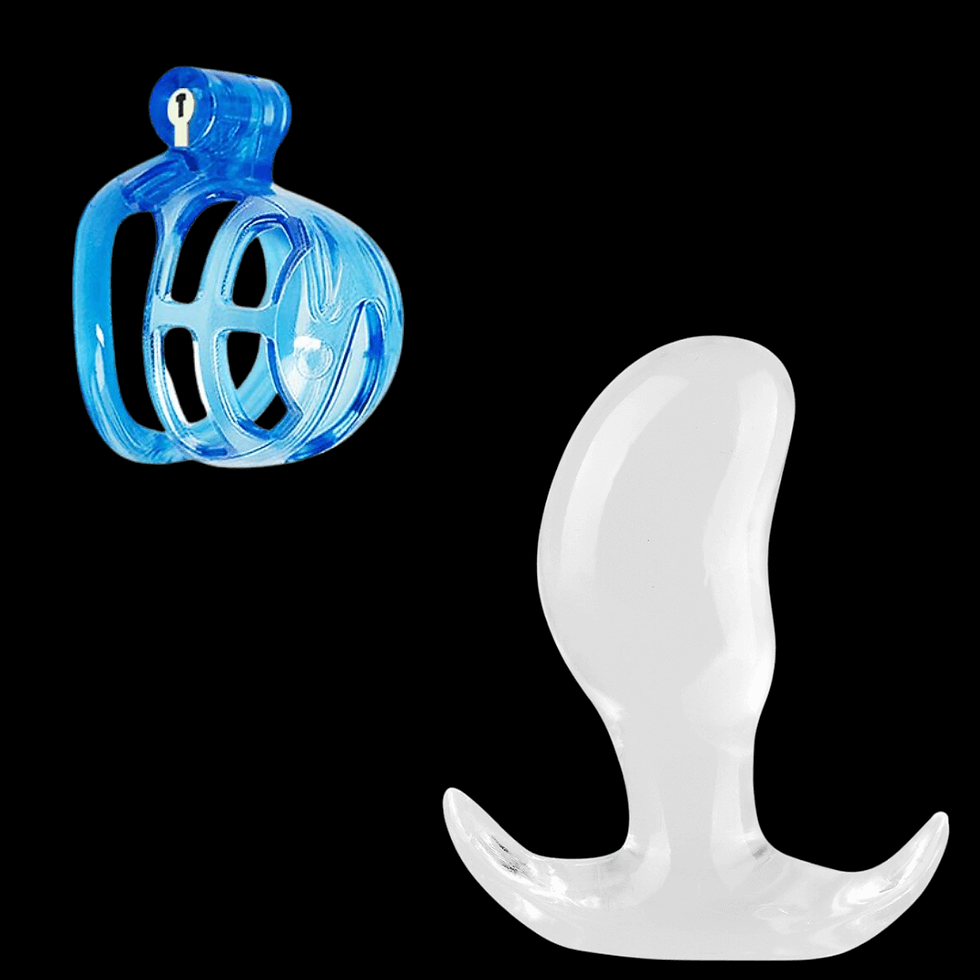 Blue translucent locking male chastity device and white curved prostate anal insert on a black background, isolated product shot