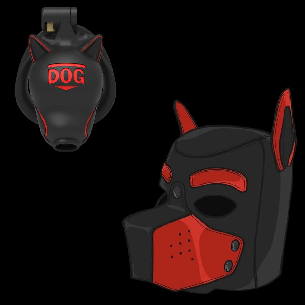 Two black-and-red dog mask designs on a black background, one front view labeled DOG and one side view.