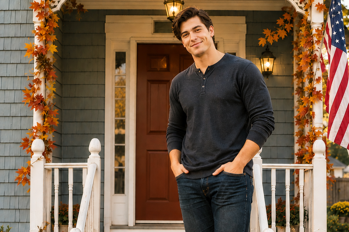 A tall, dimpled, brunette man standing in front of a blue porch.