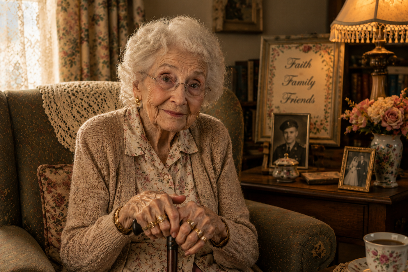 An elderly woman sitting on a couch, leaning on a cane.