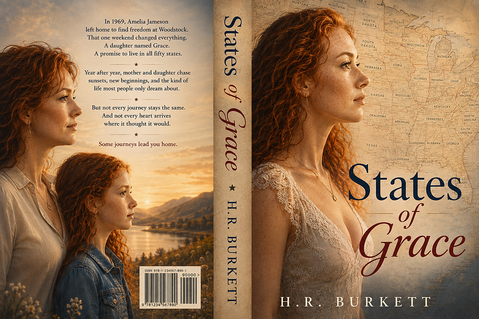 Three redheaded ladies looking right, superimposed over a map and scenery.