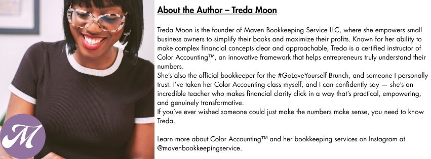 Smiling woman with glasses writing in notebook. Text highlights Treda Moon's services in bookkeeping and Color Accounting. Logo at bottom left.