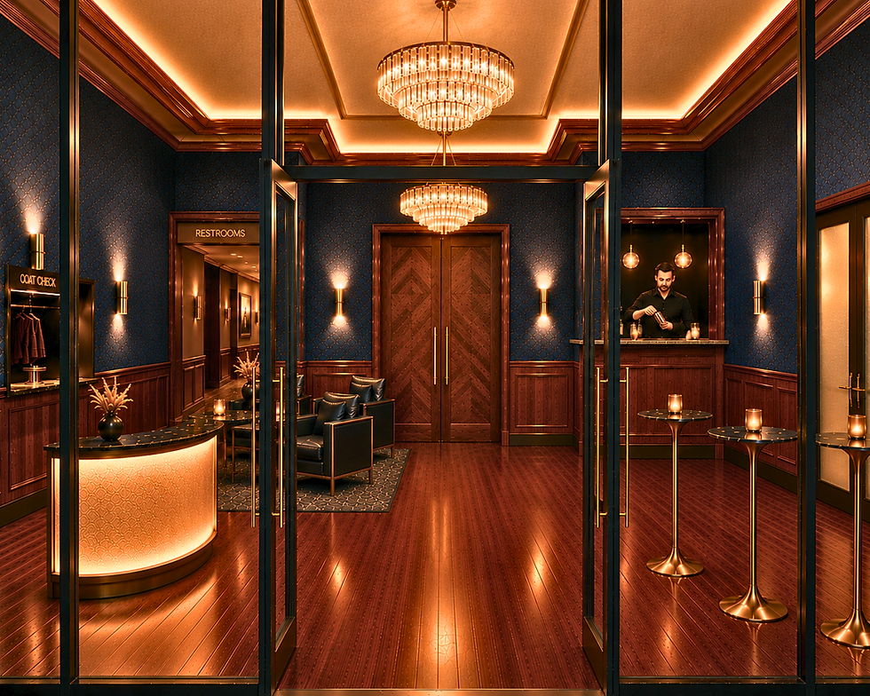 The lobby of the fictitious restaurant from the Peckers' Series - decorated in rich wood, navy blue, and brushed gold.