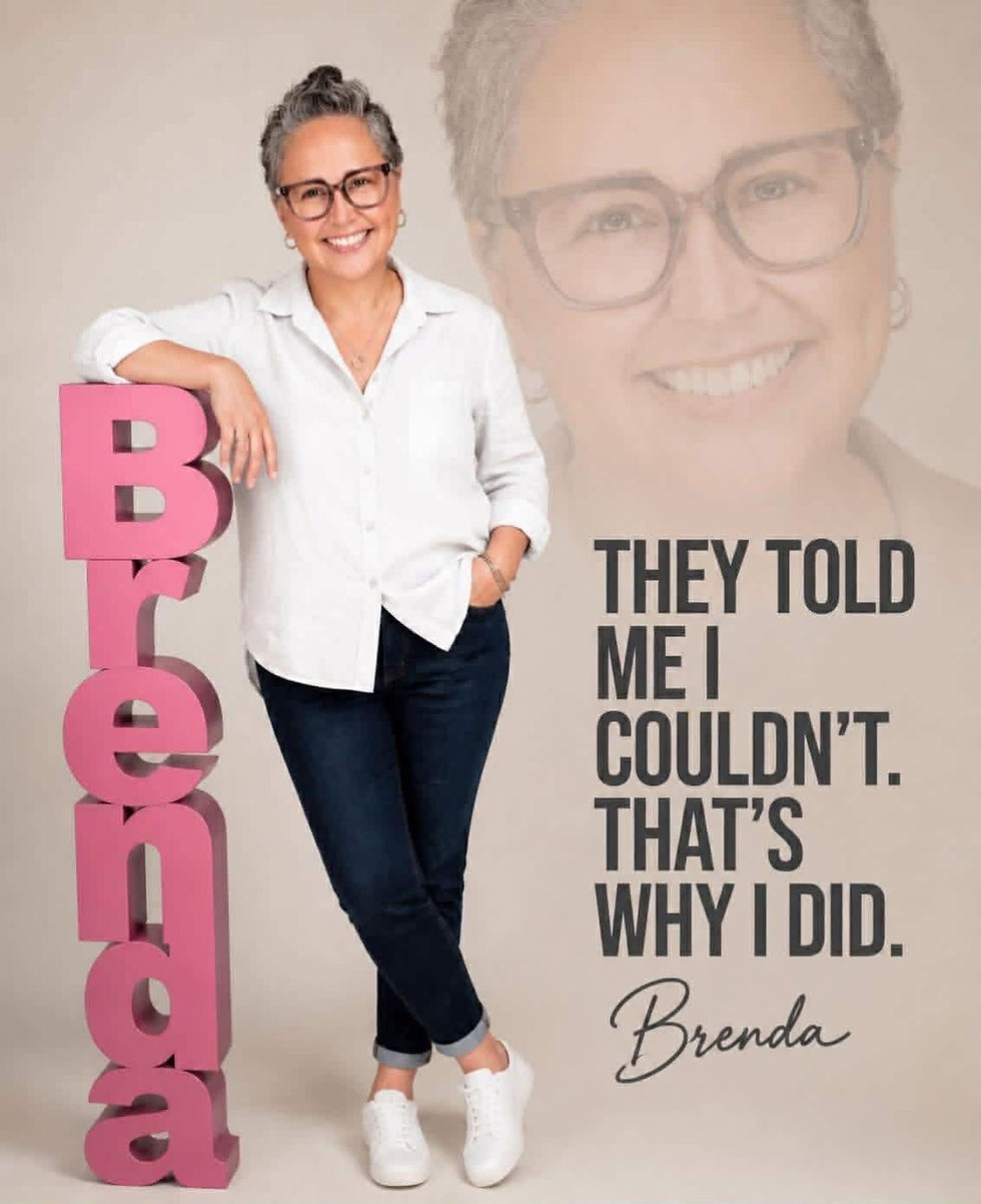 A woman with glasses leaning on a 3d-designed "Brenda" sign while superimposed over her face.