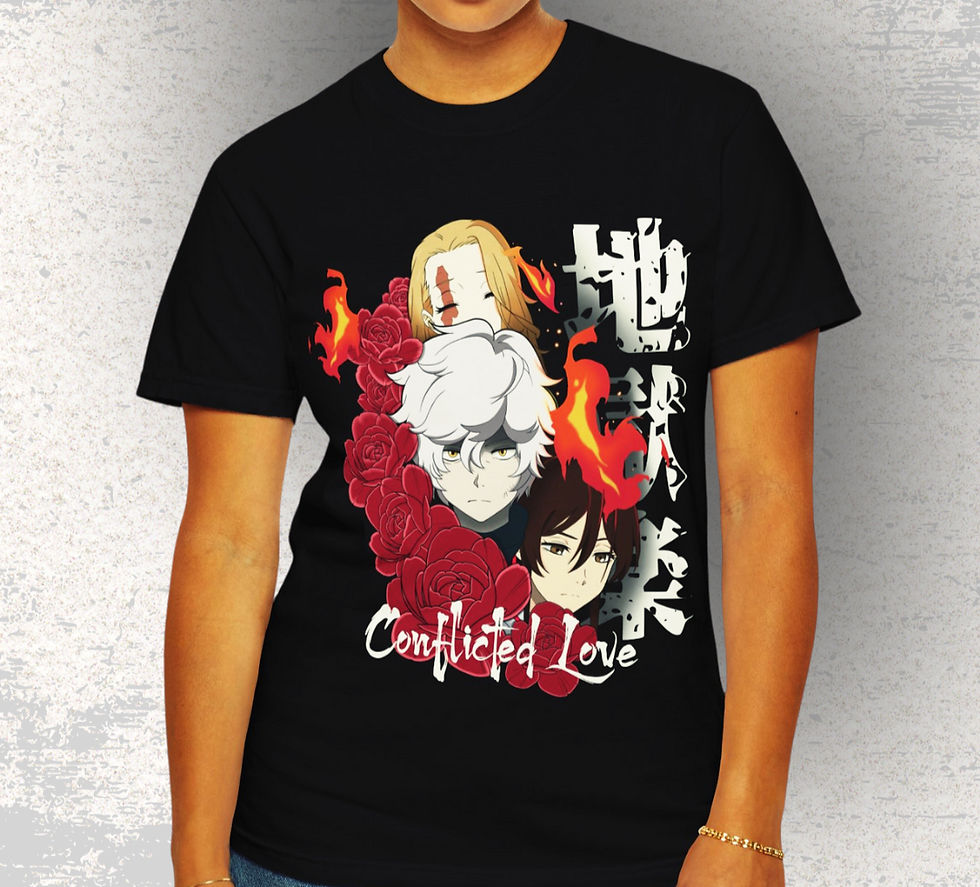 Close-up of Hell’s Paradise T-Shirt showing Gabimaru and Yui separated by Mu Dan – anime streetwear for manga and anime appar