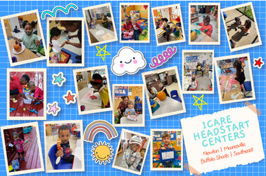 Collage of children in Head Start centers. ICARE HEADSTART CENTERS: Newton, Monroe, Buffalo Shoals, Southeast.