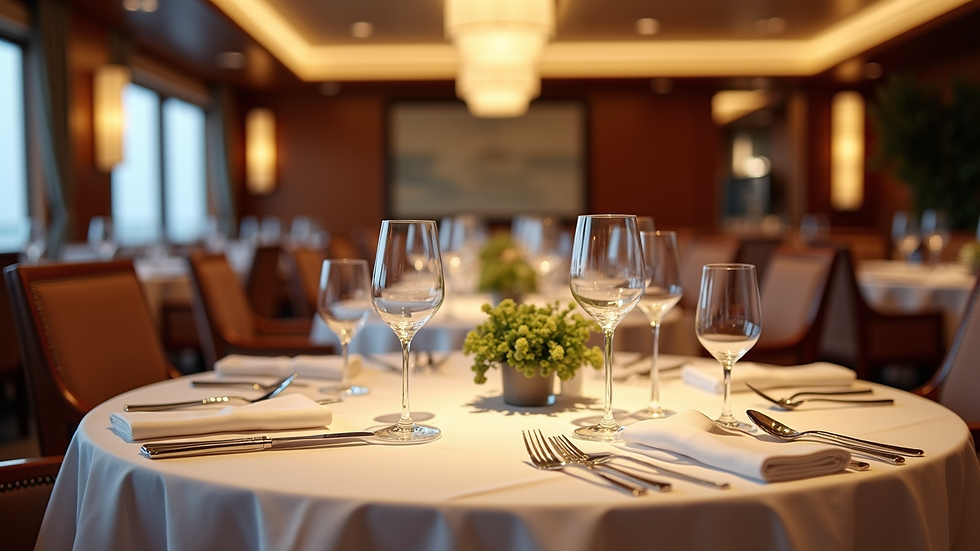 Close-up view of a cruise ship dining room table set for dinner