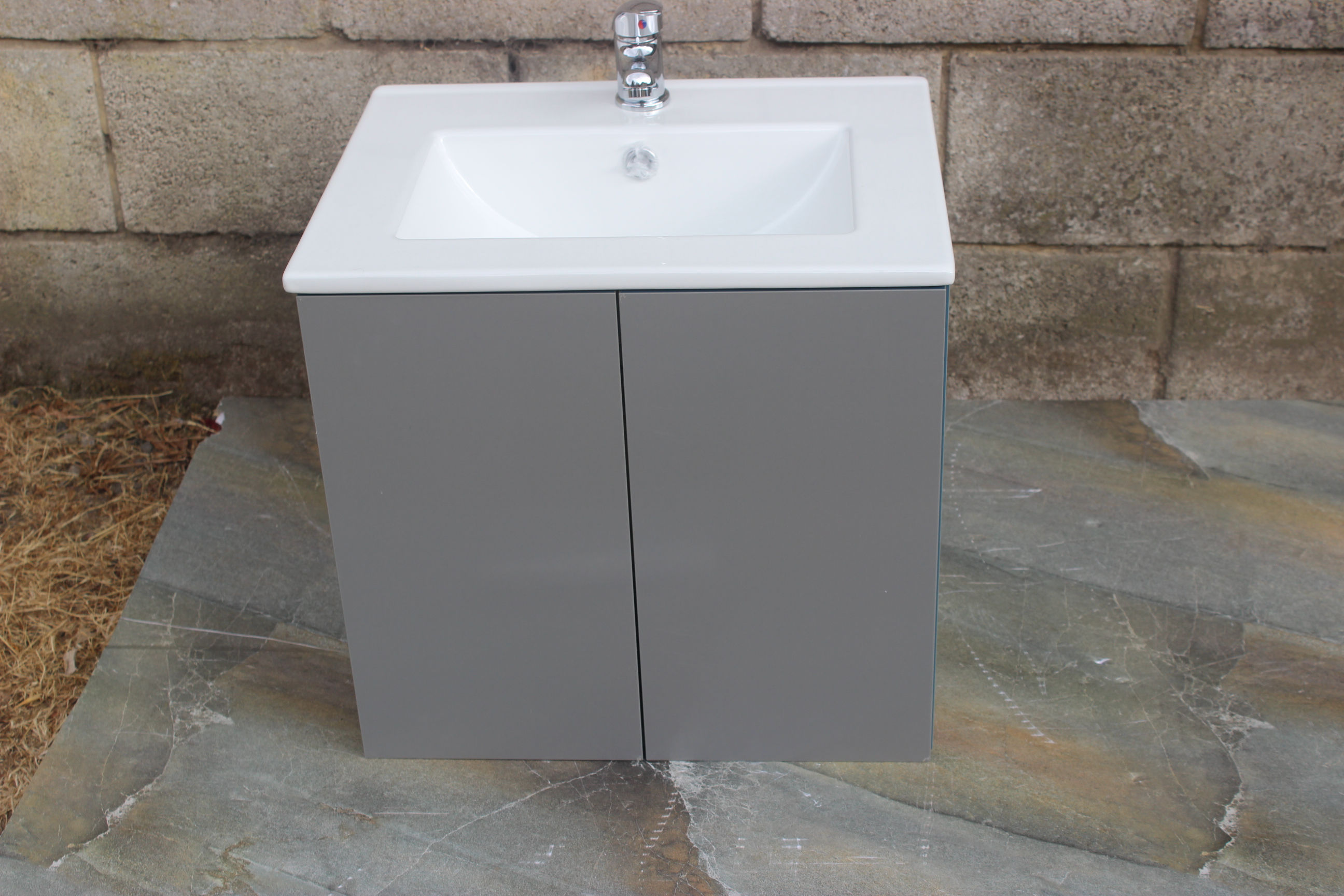 Wall Mounted 2 Door Vanity Unit Gloss Grey Inc Sink Tap & Waste
