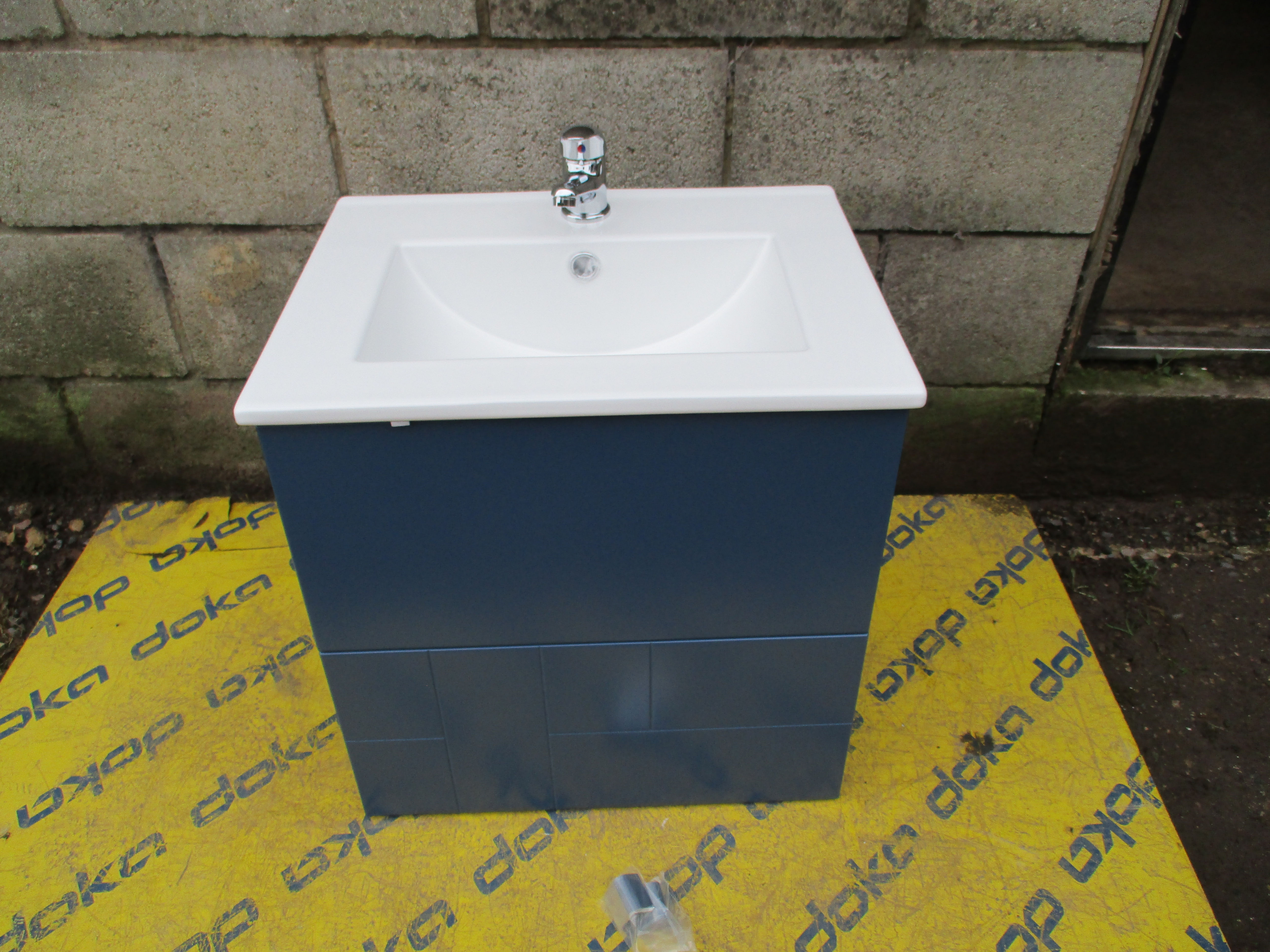 Wall Mounted 2 Drawer Vanity Unit Satin Blue Inc Sink, Tap & Waste