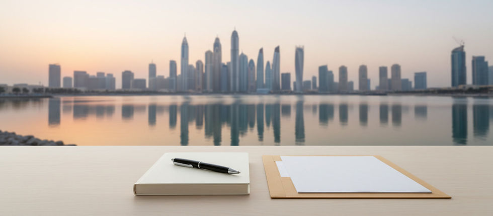 Escritorio minimalista con libreta y documentos frente al skyline de Dubái
