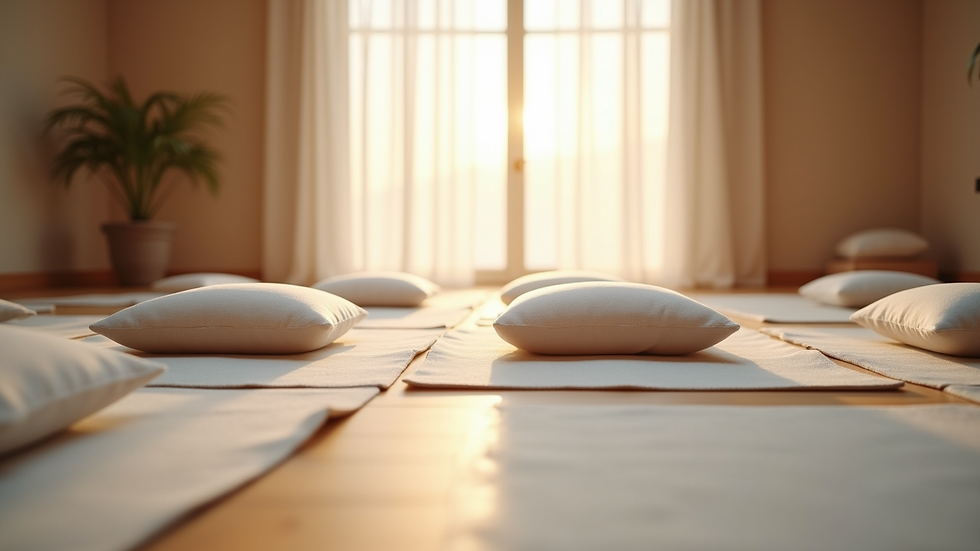 Eye-level view of a serene meditation space with cushions and soft natural light