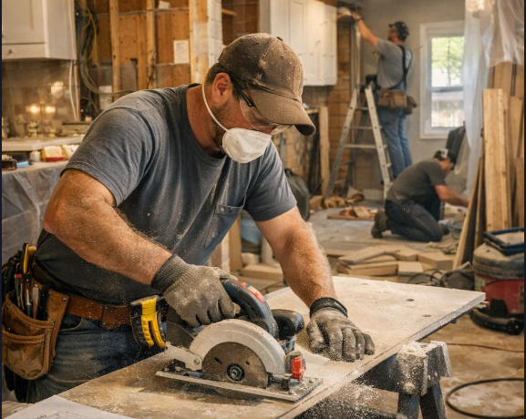 A handyman with his team doing home remodeling and renovation.