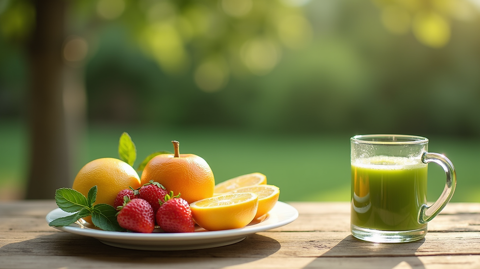 Plano cercano de una mesa con frutas frescas y una taza de té verde