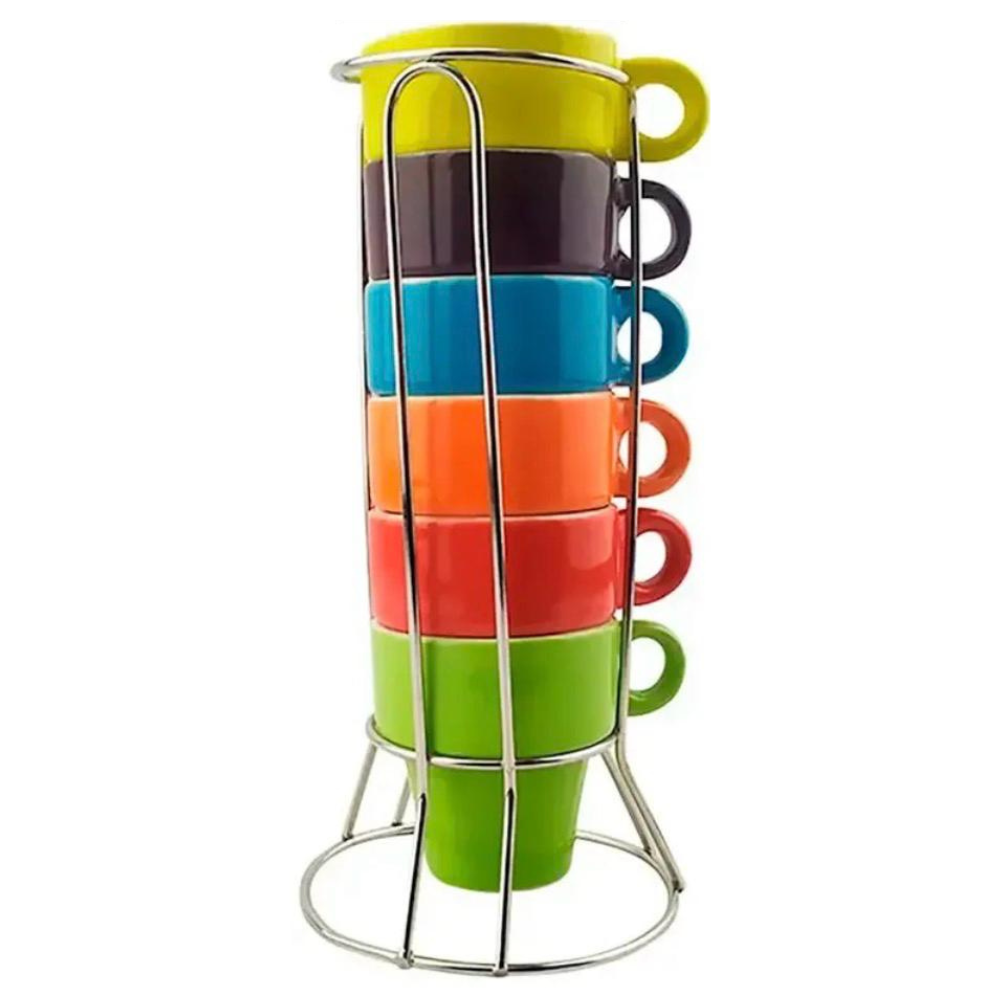 Kit 6 Xícaras Café Coloridas 50ml Suporte Cerâmica Empilhável Moderna Cozinha