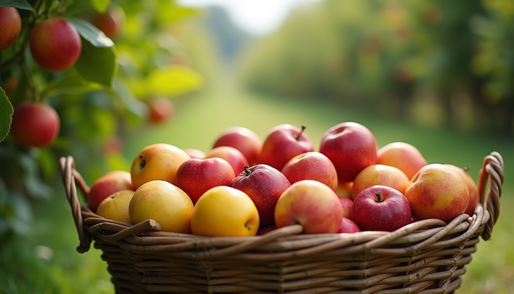 Eye-level view of a basket overflowing with fresh fruits in an orchard