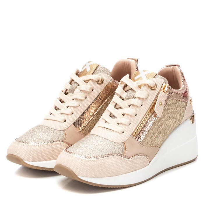 Xti Shoes Lucrecia glam wedge trainer in beige & gold at House of Heels