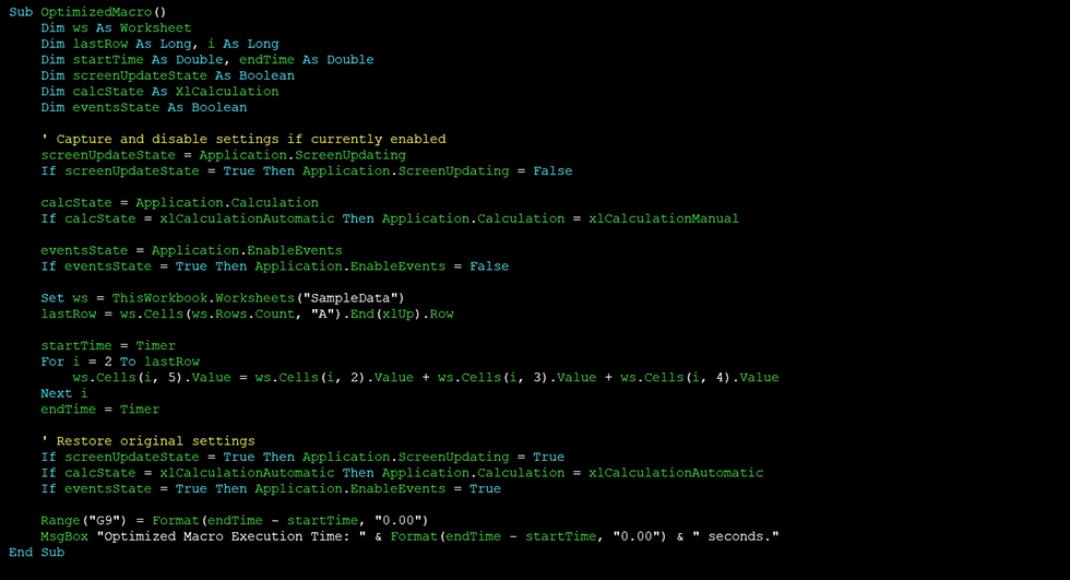 Sample VBA code to speed up your Excel Macro