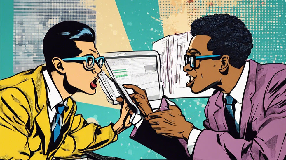 Two people arguing over spreadsheets