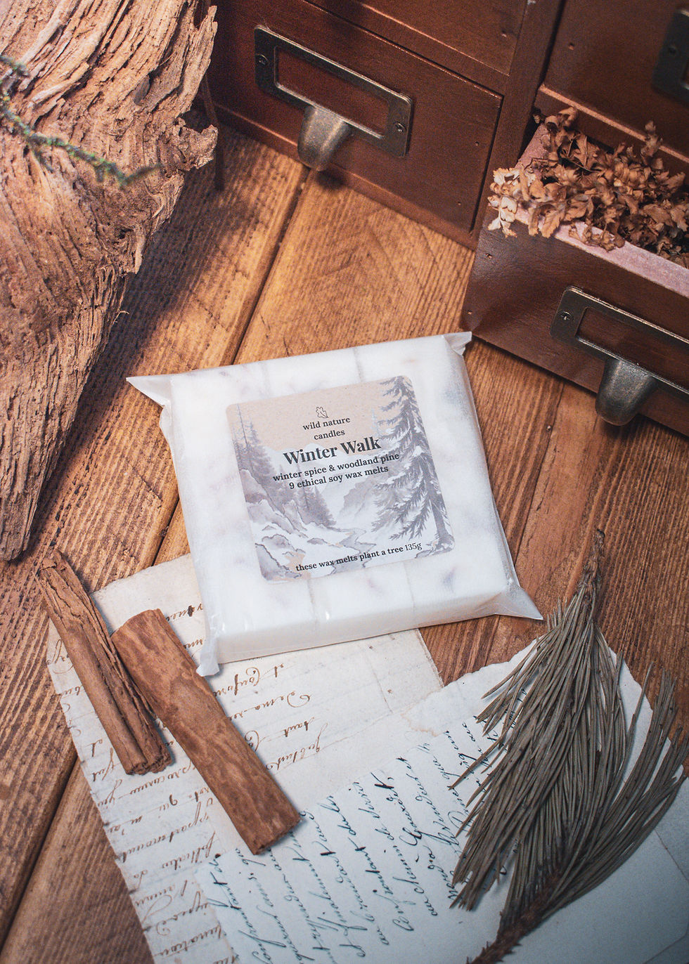 Winter Walk wax melts styled with fir sprigs and cinnamon sticks in a seasonal woodland setting