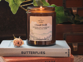 Cloud Drift soy candle by Wild Nature Candles in a styled setting, natural home fragrance for a calm, relaxing space
