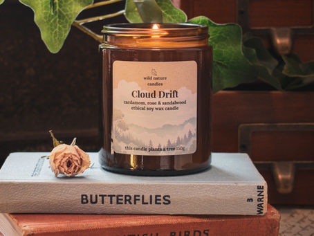Cloud Drift soy candle by Wild Nature Candles in a styled setting, natural home fragrance for a calm, relaxing space