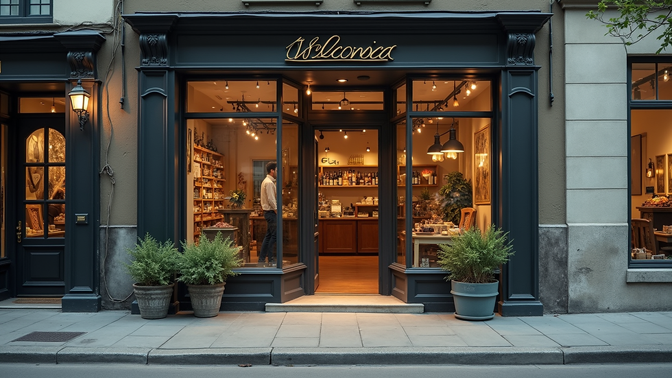 High angle view of a local storefront with a welcoming entrance