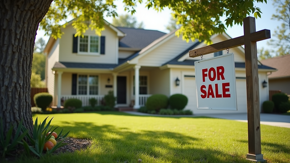 Eye-level view of a charming suburban home with a "For Sale" sign