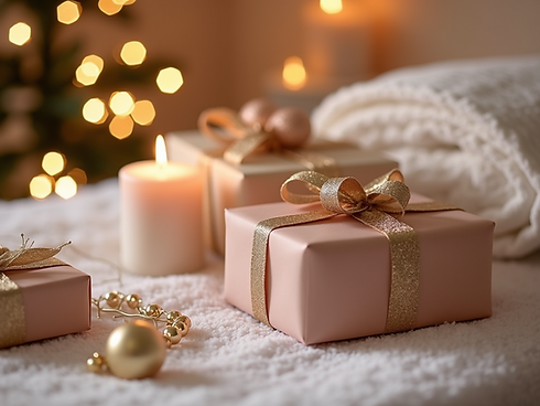 A-serene-spa-scene-with-soft-lighting-and-christmas-decorations-featuring-gift-wrapped-pro