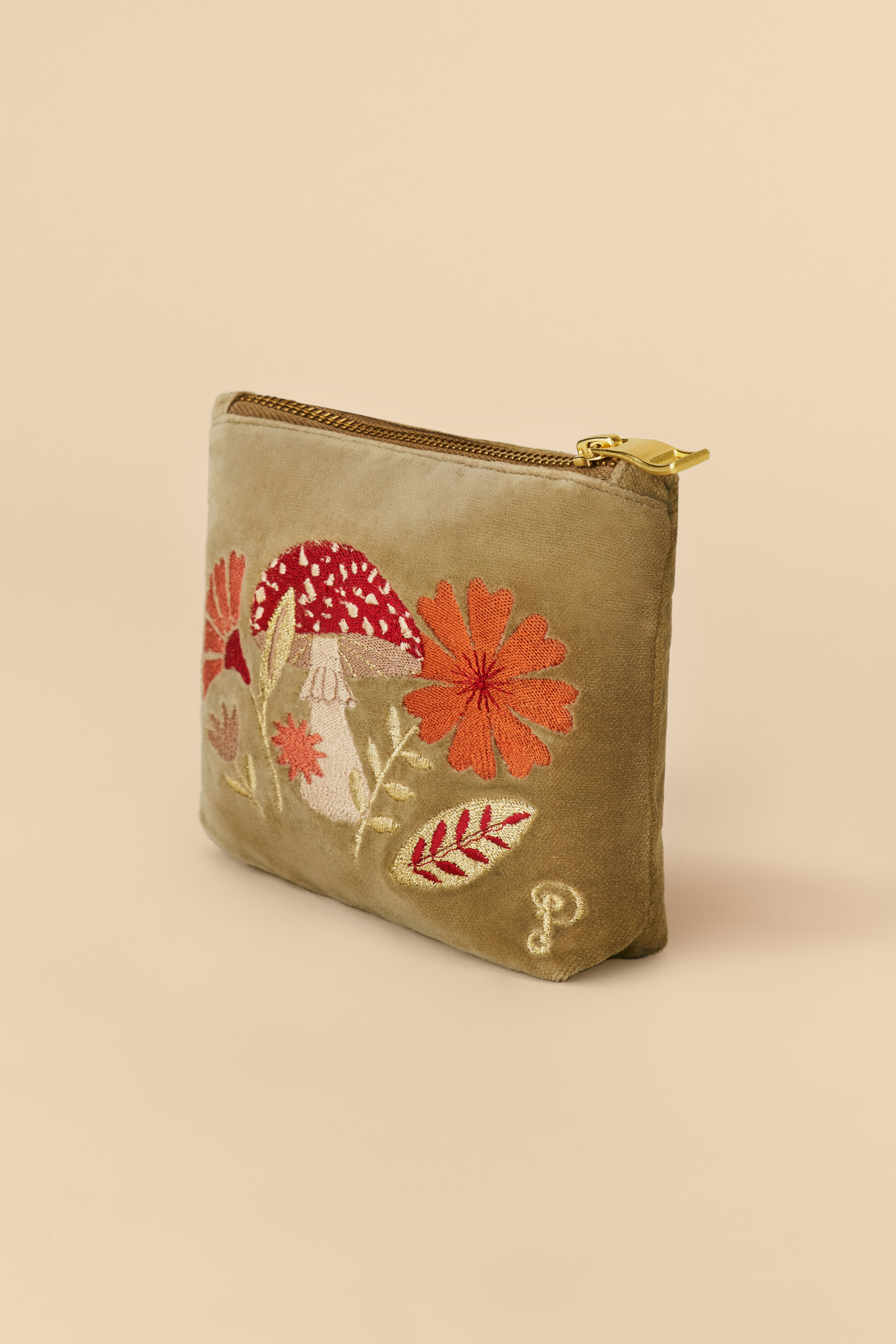 Velvet Embroidered Mini Pouch - Tranquil Toadstool, Sage
