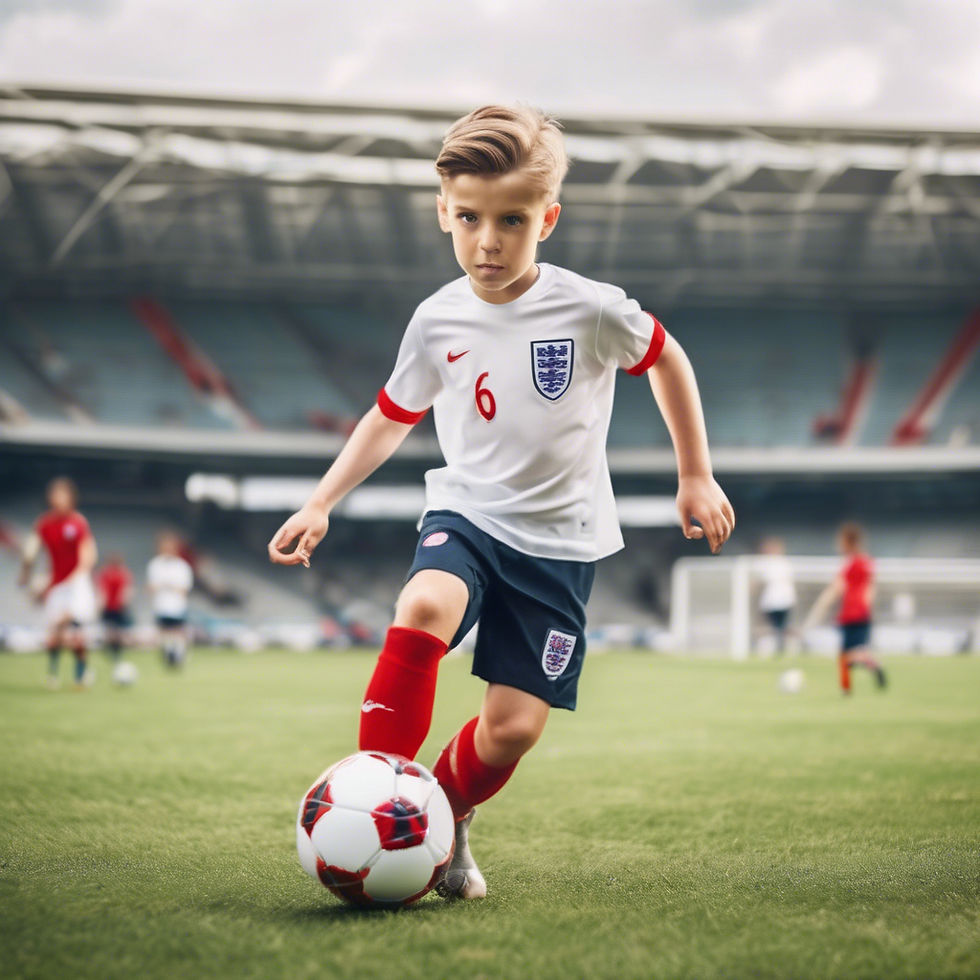 a white good looking boy wear england team kit playing football in professional football field.jpg