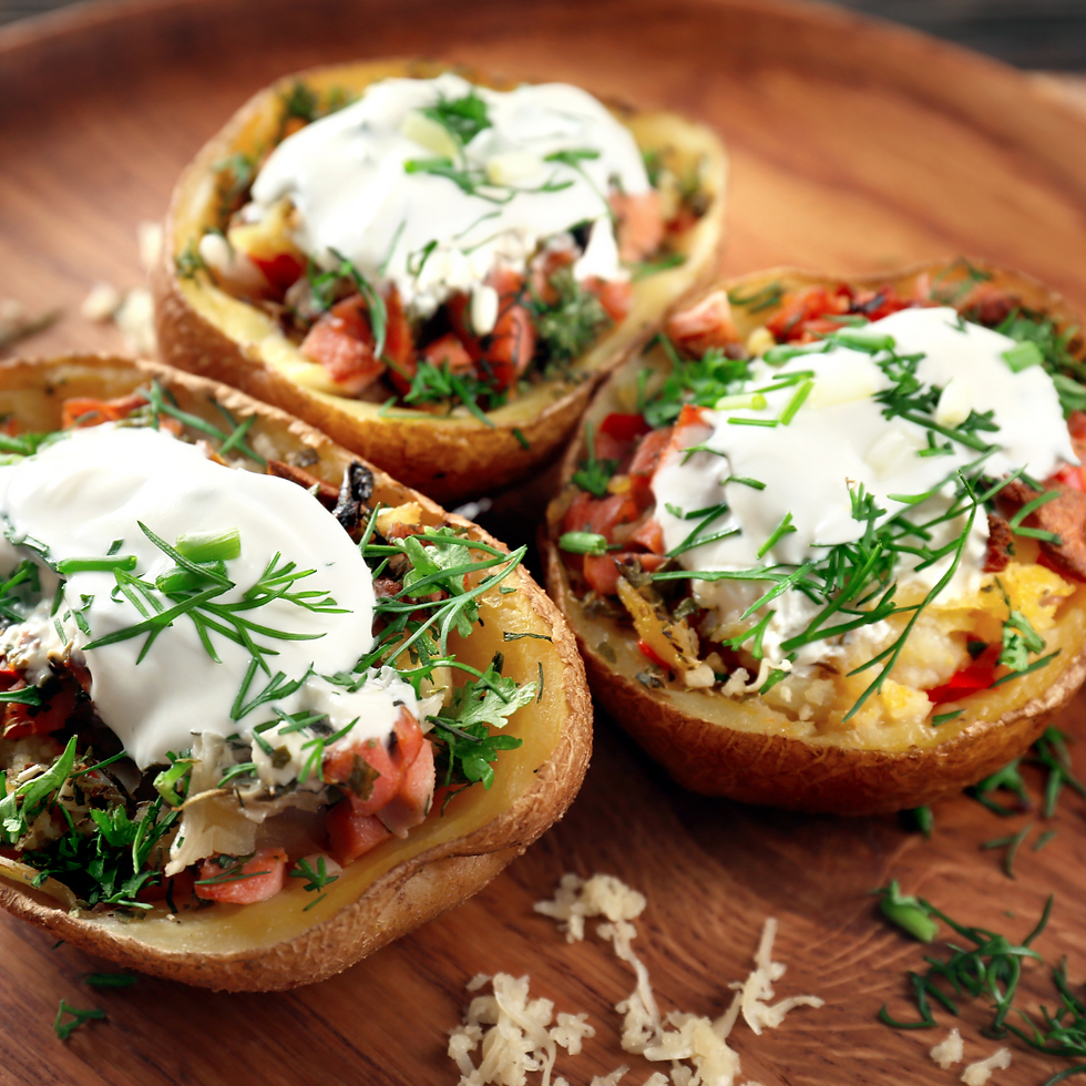 Fluffy baked potato loaded with Tex-Mex toppings including beans and corn