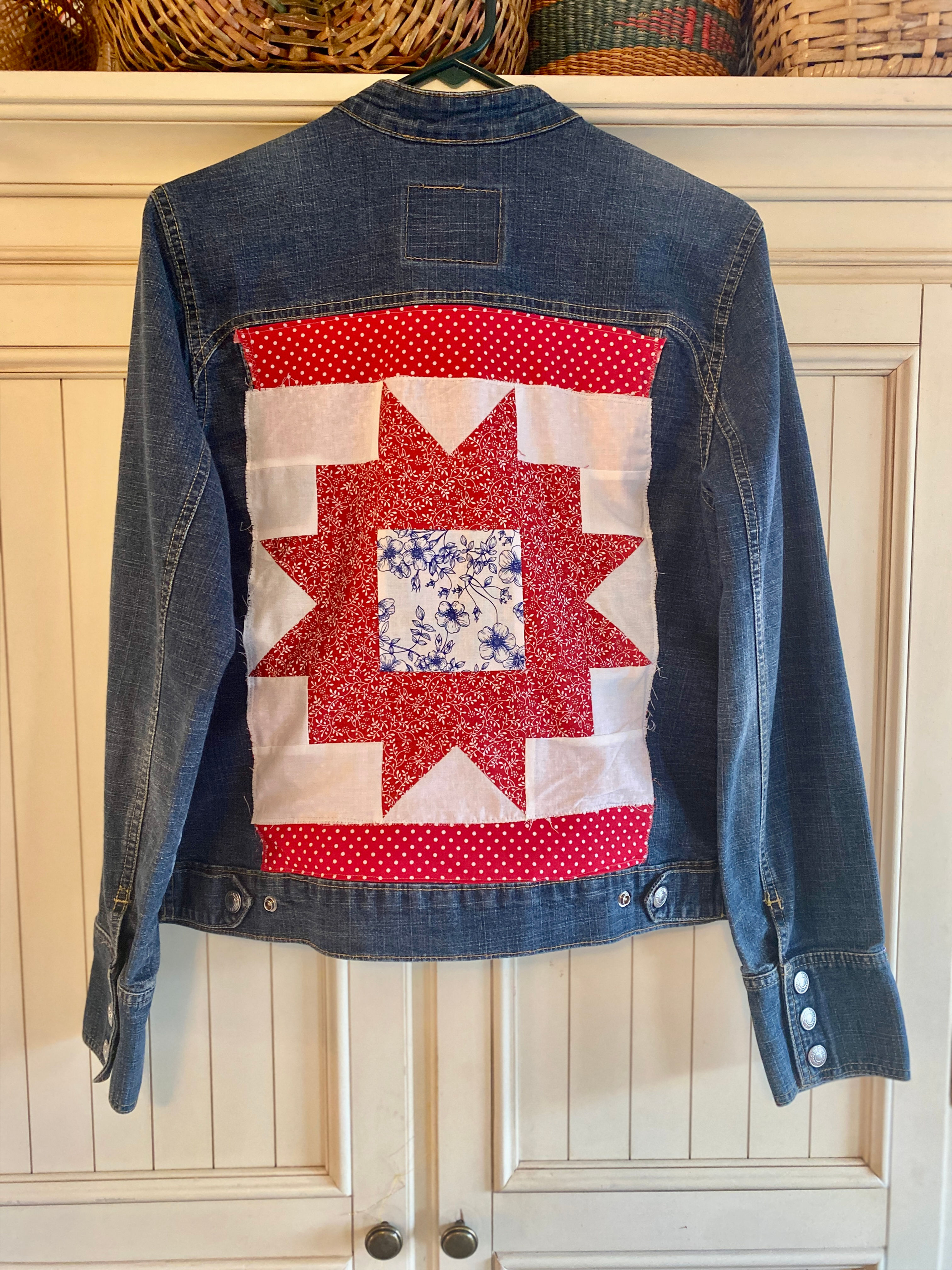 LEVIS Blue Denim Trucker Jacket Patriotic Quilt Block Panel