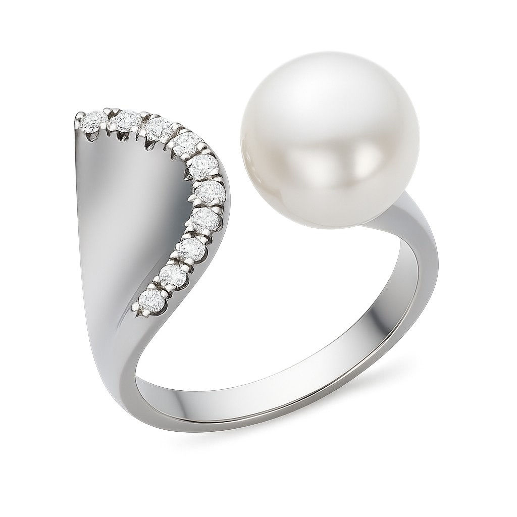 خاتم من الفضة الإسترليني عيار 925 مرصع باللؤلؤ والزركون، مطلي بالروديوم في ذهب أبيض عيار 18 قيراطًا