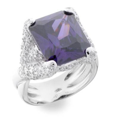 الصورة المصغرة: خاتم من الفضة الإسترليني عيار 925 مرصع بالأميثيست والزركون، مطلي بالروديوم في ذهب أبيض عيار 18 قيراطًا