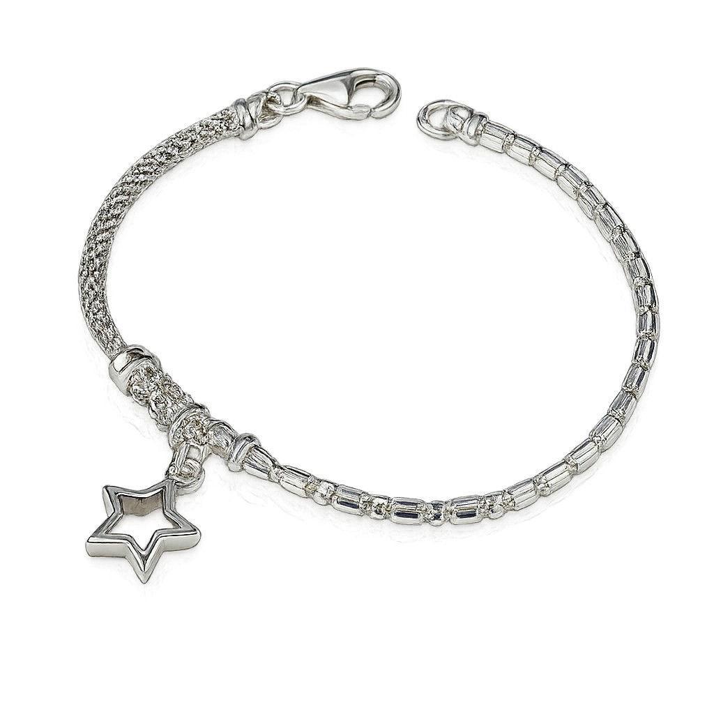 Bracelet en argent sterling 925 poli et mat avec plaquage rhodium en or blanc 18 carats