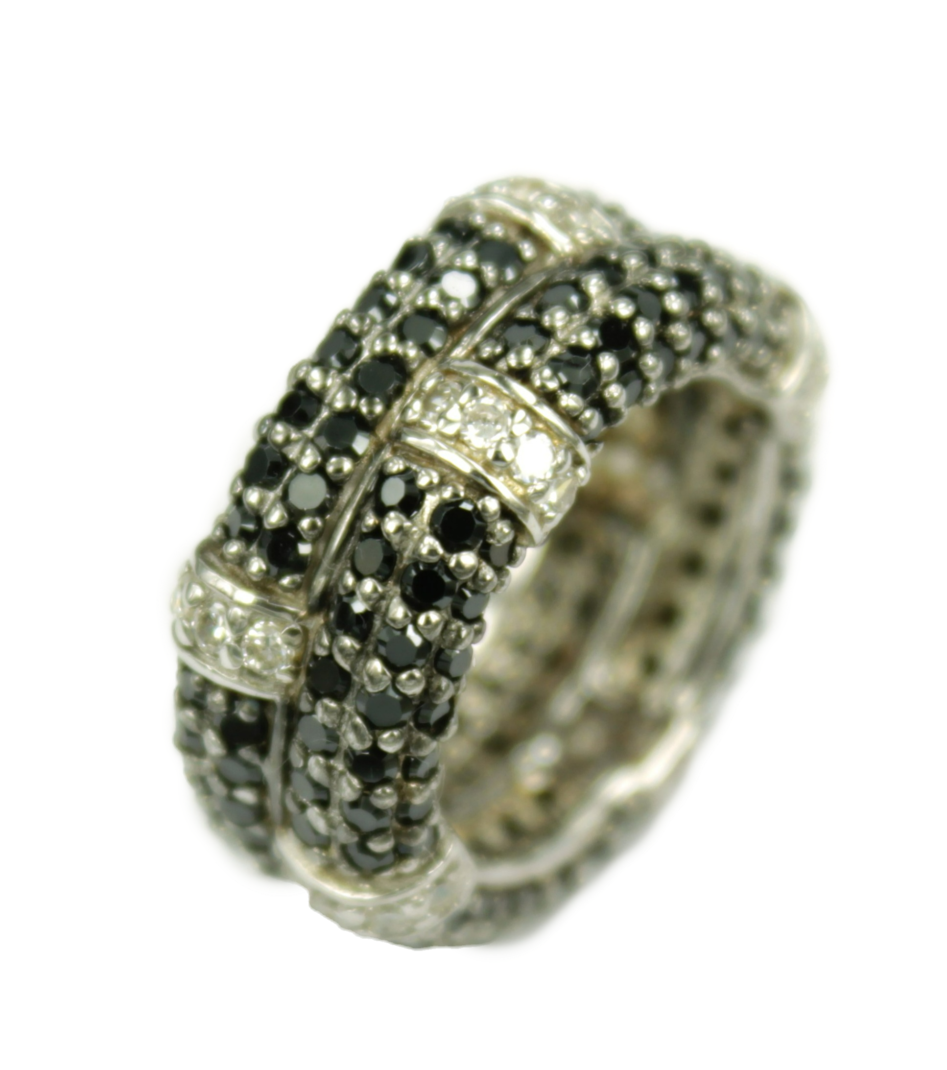 Bague en argent sterling 925 avec zircons blancs et noirs et plaquage rhodium