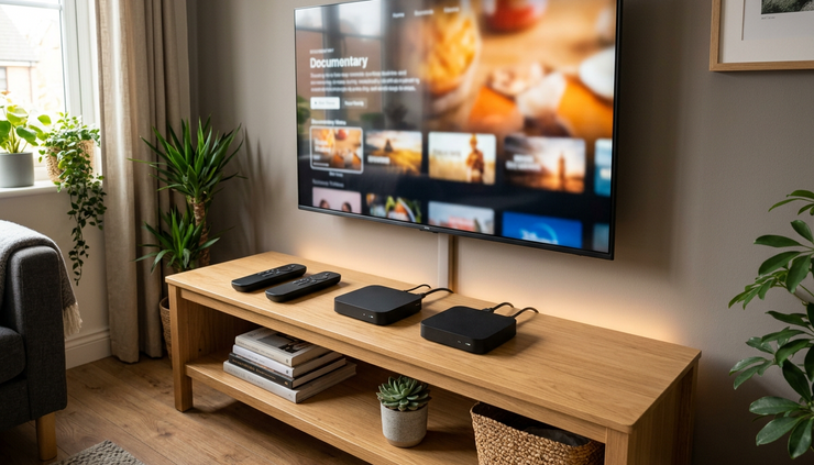Wide-angle view of two streaming devices and remotes on a living room TV stand