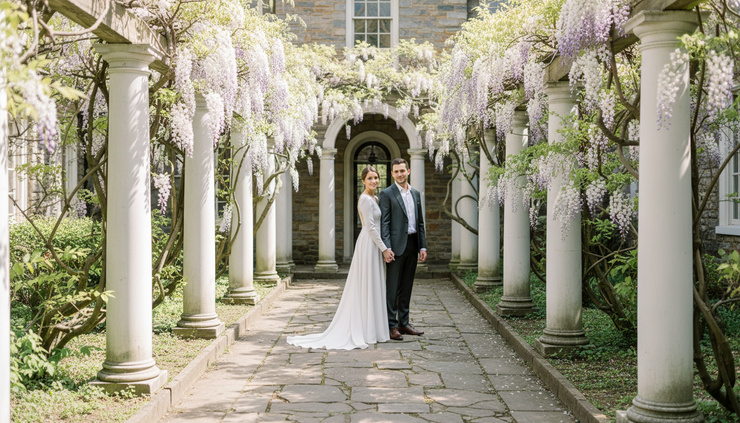 Close-up view of a garden courtyard with white columns and flowering vines at a historic estate