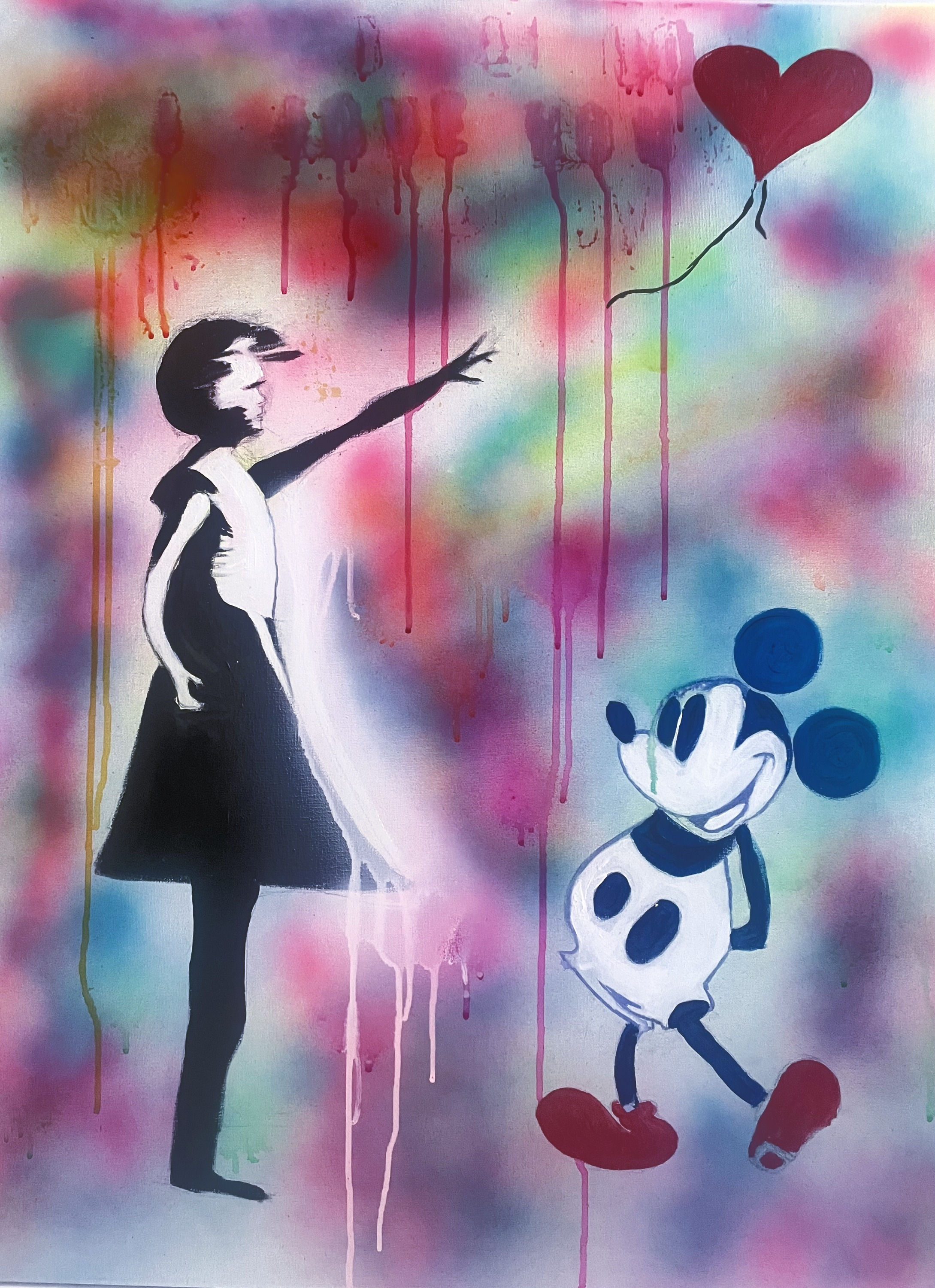 Inspirée de Banksy, cette toile est particulièrement gaie de par ses couleurs pop-art ; elle reflète l'univers naif mais port