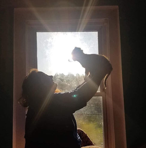 Picture of Meghan Hale holding a do in front of a window