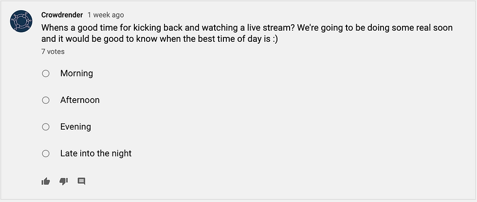 An image showing the youtube poll we are running to ask what time of day our subscribers like to watch content about our render farm software