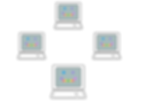 Four computers arranged in a diamond pattern. Each computer has the same smilling face rendered in large pixels. The pixles are different colours, red, yello, blue, green, violet and purple