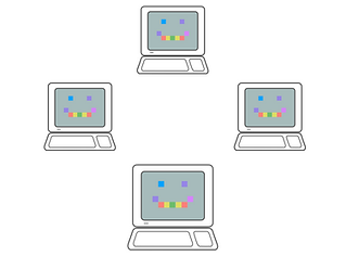 Four computers arranged in a diamond pattern. Each computer has the same smilling face rendered in large pixels. The pixles are different colours, red, yello, blue, green, violet and purple