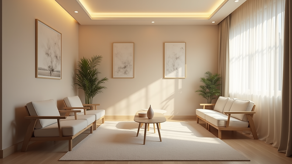 Eye-level view of a calm therapy room with soft lighting and comfortable chairs