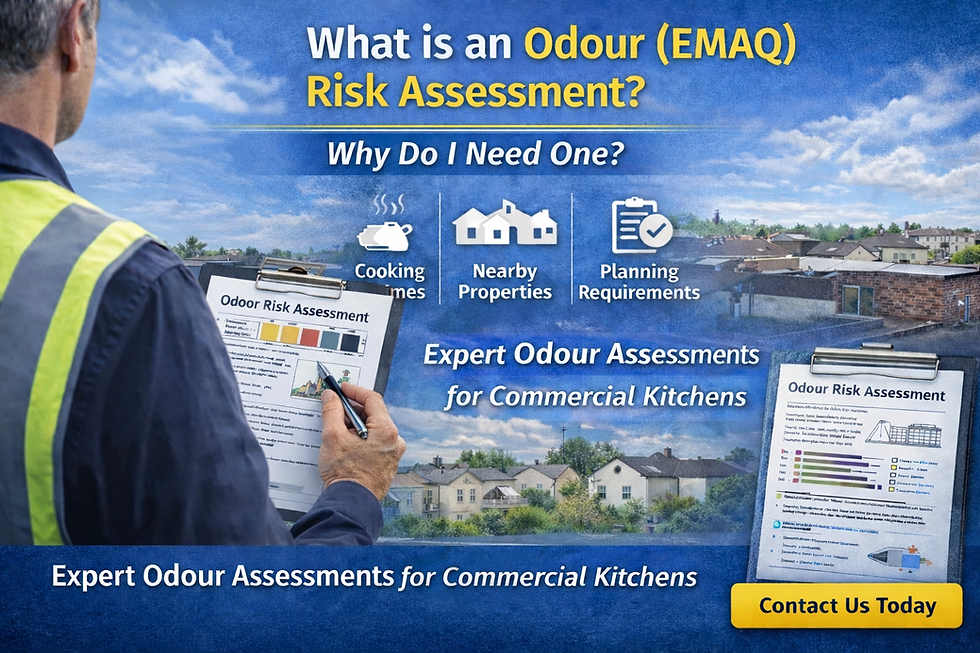 Consultant assessing a commercial kitchen ventilation proposal with ductwork, discharge point and odour control equipment, alongside graphics showing cooking fumes, nearby properties and planning requirements.