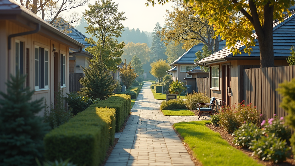 High angle view of a quiet residential neighborhood with elderly-friendly facilities