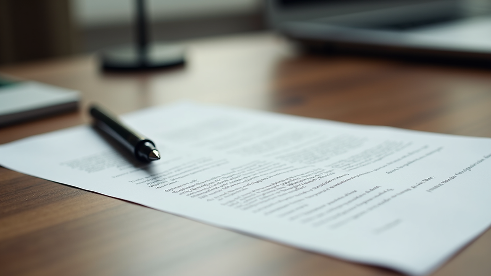 Eye-level view of a legal document and a pen on a wooden desk