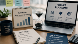 "Desk setup for strategic planning featuring tax and future planning materials, encouraging proactive decision-making for less stress and better choices."