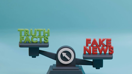 Scale weighing "Truth Facts" in green and "Fake News" in red, against a blue background. The balance tips towards "Truth Facts."