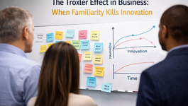 Business professionals analyze a presentation on "The Troxler Effect in Business" highlighting how familiarity can impede innovation, featuring graph trends and strategic notes.